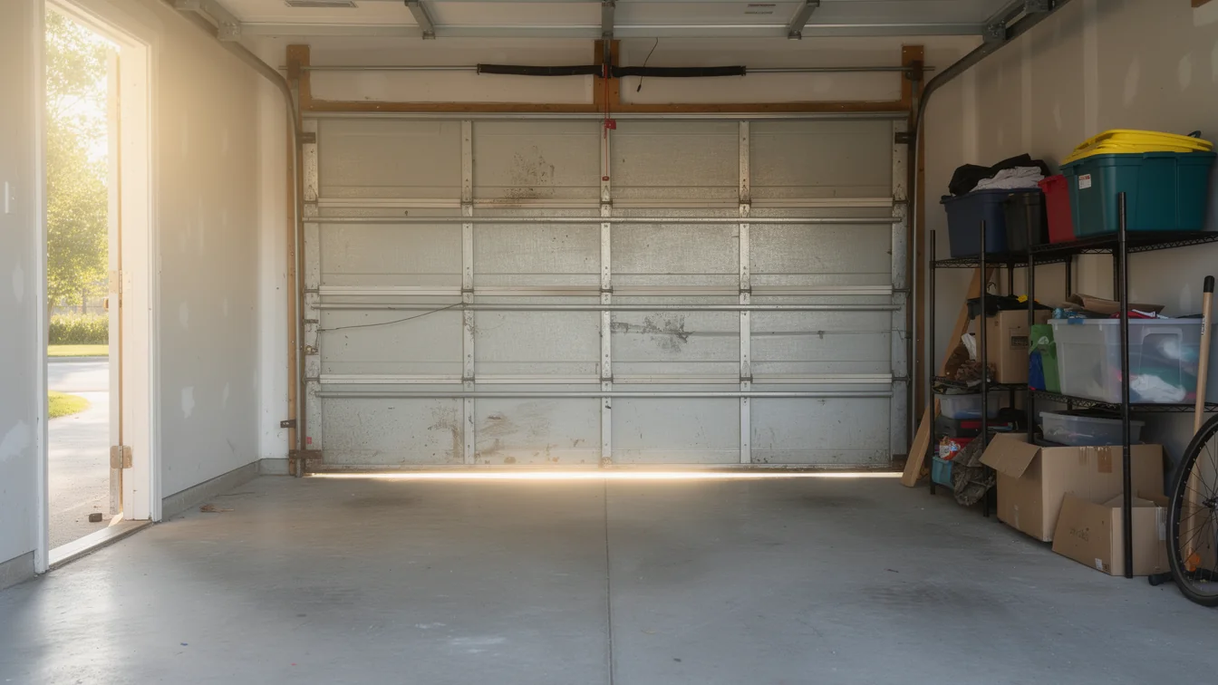 The garage door is closed, with light shining under it and through an open side door.