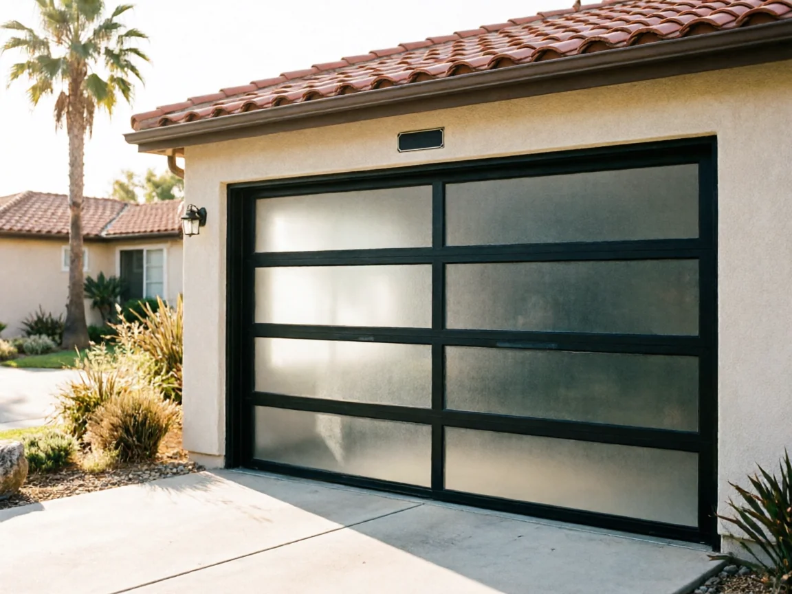 A modern garage door with frosted glass panels is on a stucco house.
