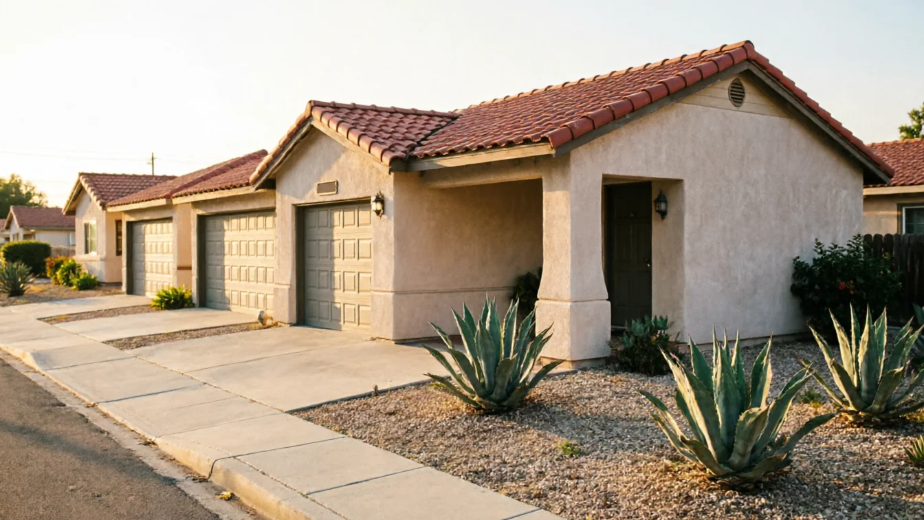 Three houses with tan garage doors and red tile roofs line a street.