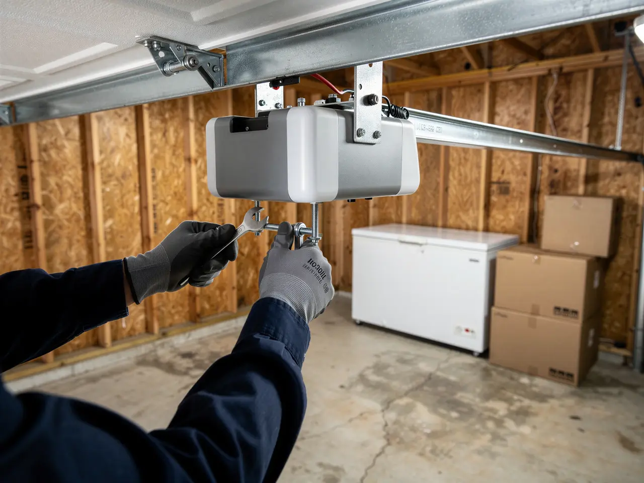 A technician in gloves adjusts a garage door opener with a wrench.