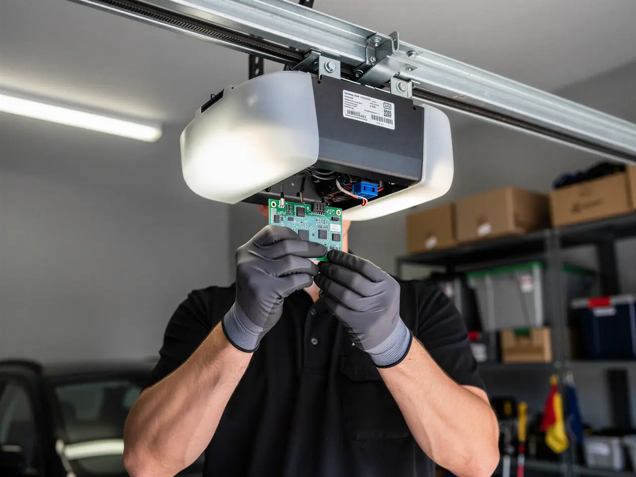 A technician in gloves holds a circuit board under a garage door opener.