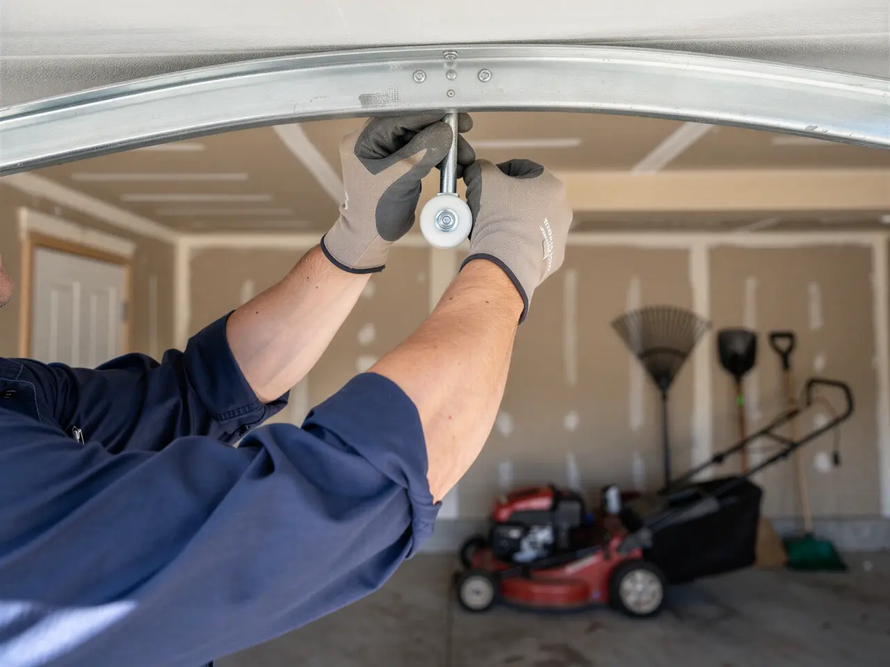 A technician in gloves installs a roller into a garage door track.