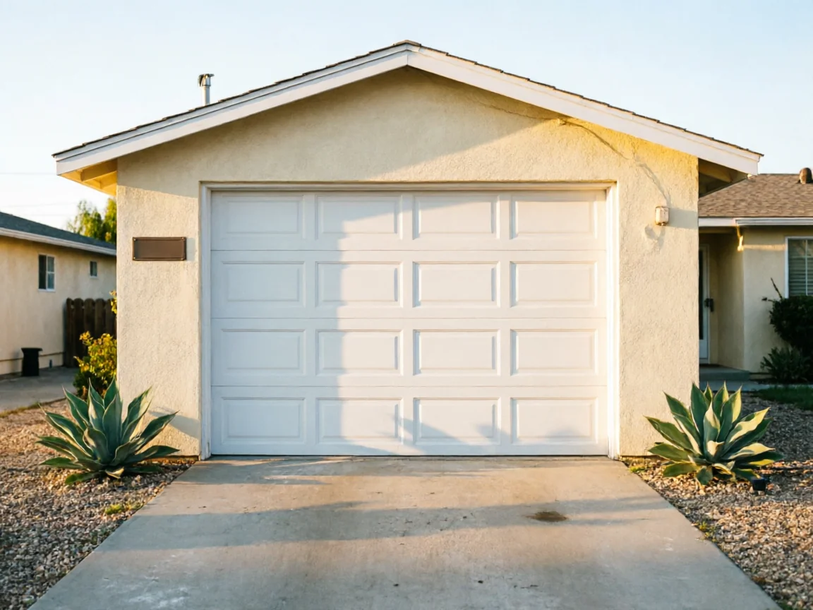A white panel garage door is on a light yellow house with a concrete driveway.