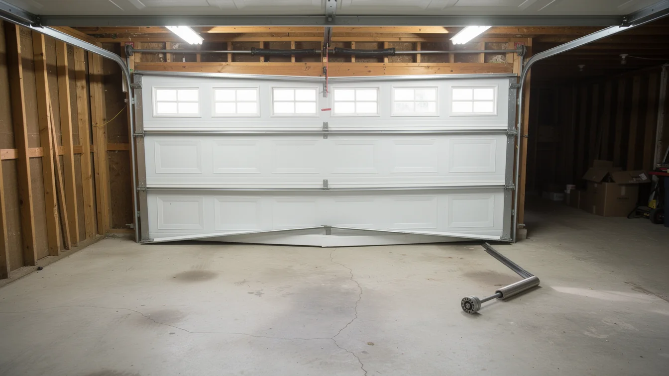 A white garage door is bent and off its tracks inside a garage.